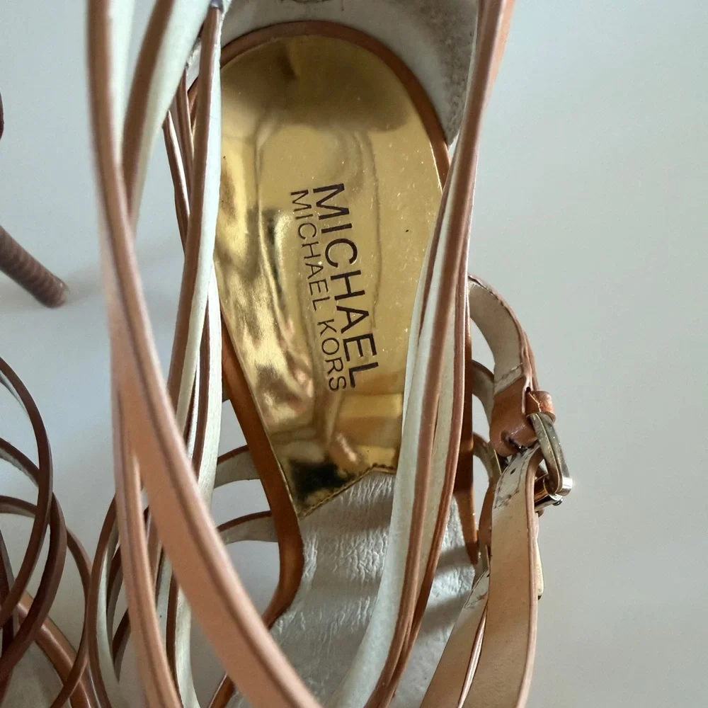 Michael Kors Brown Leather Strappy Stiletto Heels Sandals Size 10 Buckle Zip